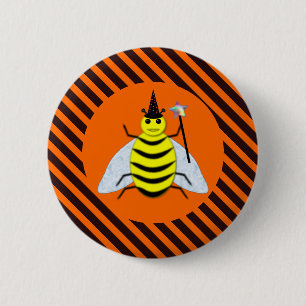 Halloween Magic Bee Witch Orange and Black Stripes Button
