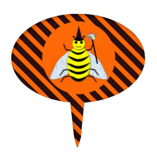 Halloween Magic Bee Witch Orange and Black Stripes Cake Topper