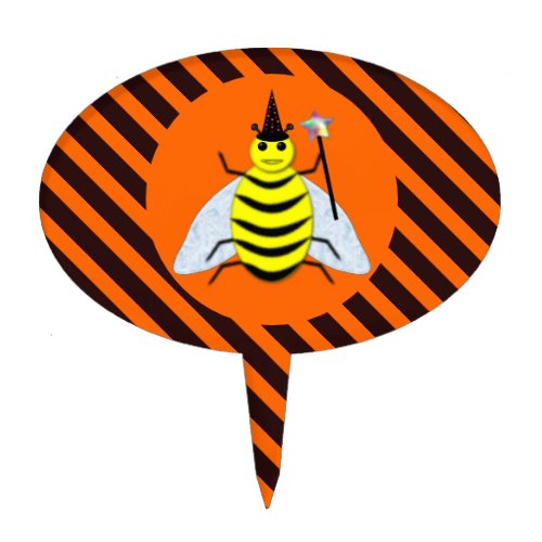 Halloween Magic Bee Witch Orange and Black Stripes Cake Topper