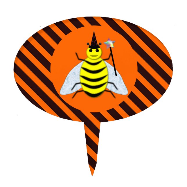 Halloween Magic Bee Witch Orange and Black Stripes Cake Topper (Front)