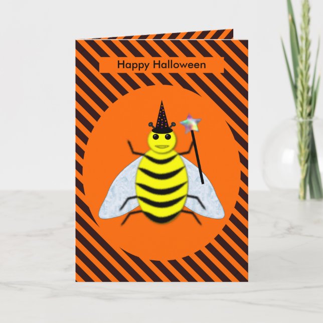 Halloween Magic Bee Witch Orange and Black Stripes Card (Front)