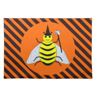 Halloween Magic Bee Witch Orange and Black Stripes Cloth Placemat