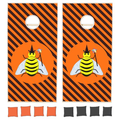 Halloween Magic Bee Witch Orange and Black Stripes Cornhole Set