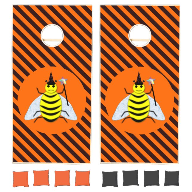 Halloween Magic Bee Witch Orange and Black Stripes Cornhole Set (Set)