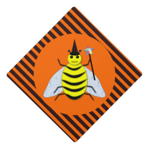 Halloween Magic Bee Witch orange and Black Stripes Graduation Cap Topper