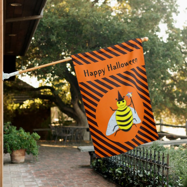 Halloween Magic Bee Witch Orange and Black Stripes House Flag (In SItu)