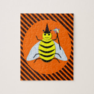 Halloween Magic Bee Witch Orange and Black Stripes Jigsaw Puzzle