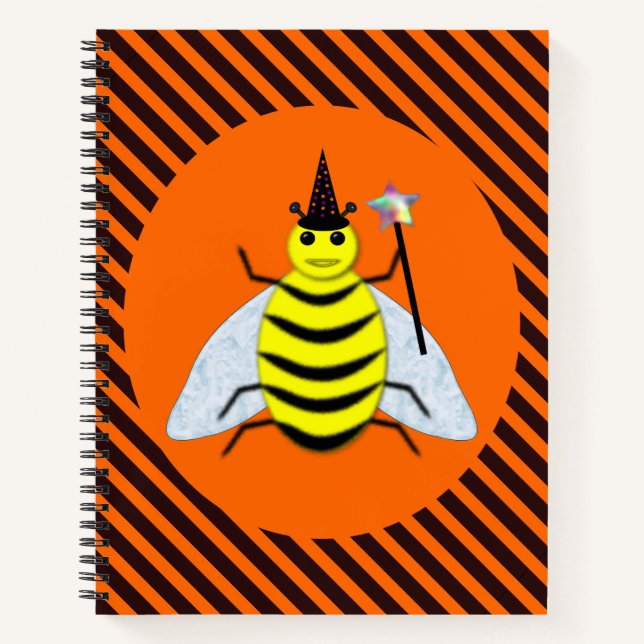 Halloween Magic Bee Witch Orange and Black Stripes Notebook (Front)