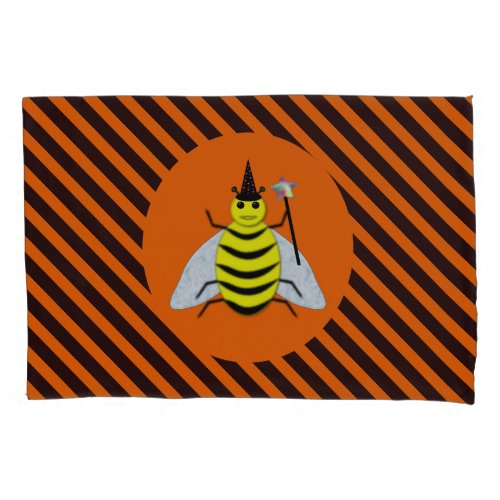 Halloween Magic Bee Witch Orange and Black Stripes Pillow Case