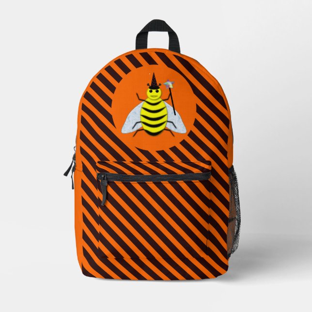 Halloween Magic Bee Witch Orange and Black Stripes Printed Backpack (Front)
