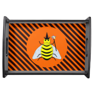 Halloween Magic Bee Witch Orange and Black Stripes Serving Tray