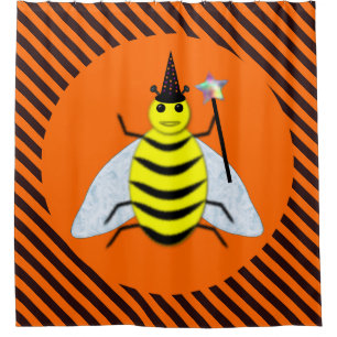 Halloween Magic Bee Witch Orange and Black Stripes Shower Curtain