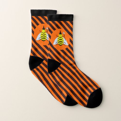 Halloween Magic Bee Witch Orange and Black Stripes Socks