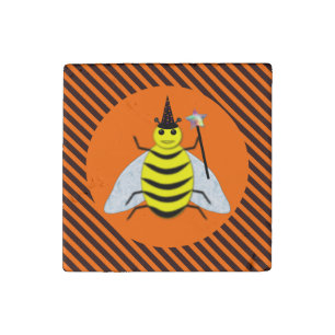 Halloween Magic Bee Witch Orange and Black Stripes Stone Magnet