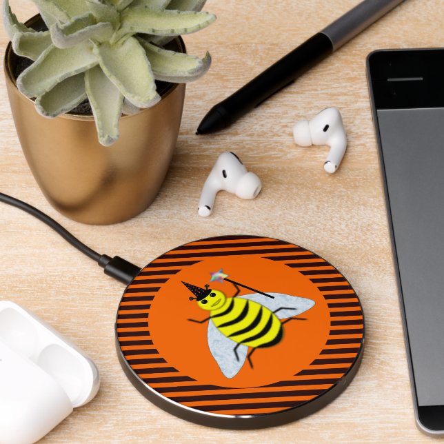 Halloween Magic Bee Witch Orange and Black Stripes Wireless Charger (Desk 2)