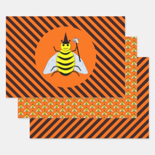 Halloween Magic Bee Witch Orange and Black Stripes Wrapping Paper Sheets