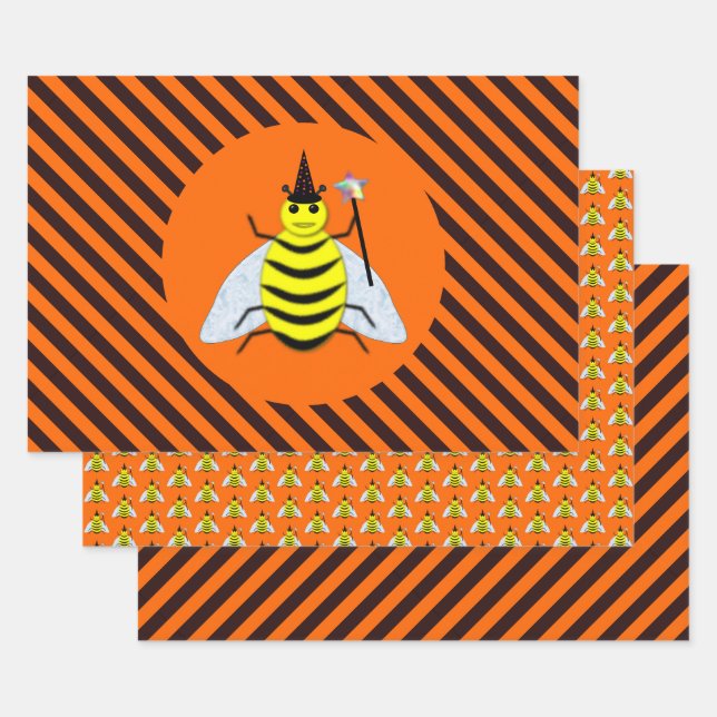 Halloween Magic Bee Witch Orange and Black Stripes Wrapping Paper Sheets (Set)