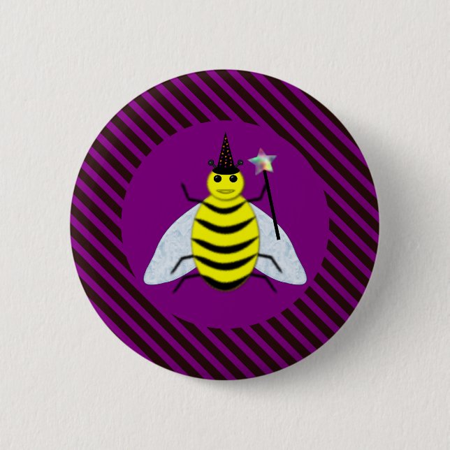Halloween Magic Bee Wizard Purple and Black Stripe Button (Front)