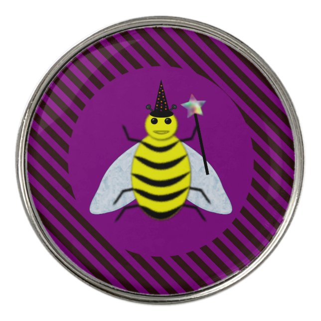 Halloween Magic Bee Wizard Purple and Black Stripe Golf Ball Marker (Front)