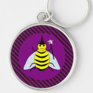 Halloween Magic Bee Wizard Purple and Black Stripe Keychain