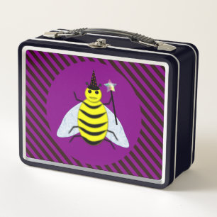 Halloween Magic Bee Wizard Purple and Black Stripe Metal Lunch Box