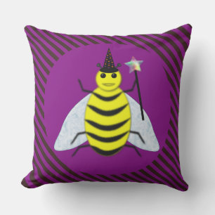 Halloween Magic Bee Wizard Purple and Black Stripe Outdoor Pillow