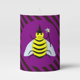 Halloween Magic Bee Wizard Purple and Black Stripe Pillar Candle