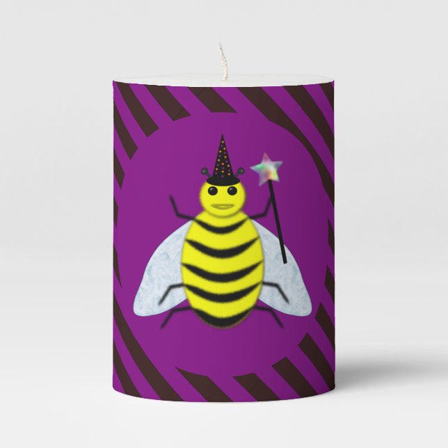 Halloween Magic Bee Wizard Purple and Black Stripe Pillar Candle (Front)