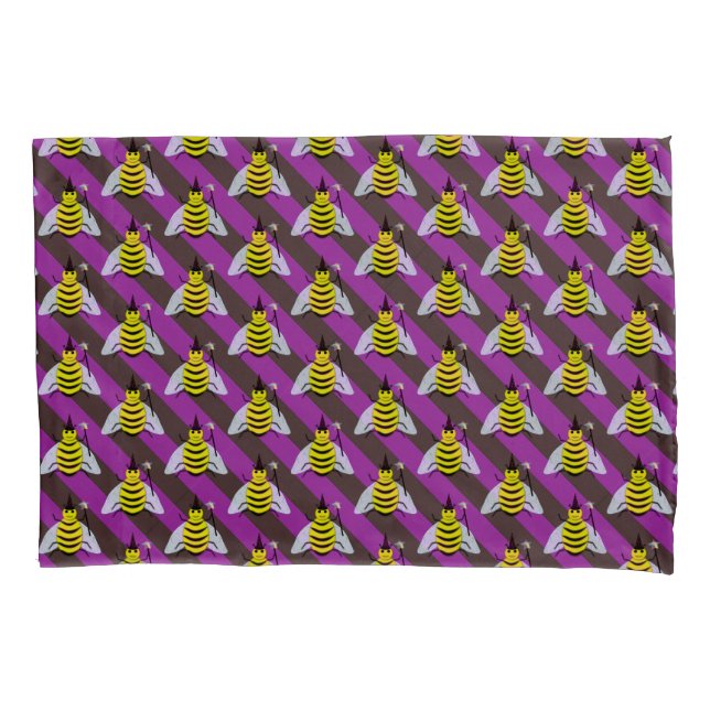 Halloween Magic Bee Wizard Purple and Black Stripe Pillow Case (Front)