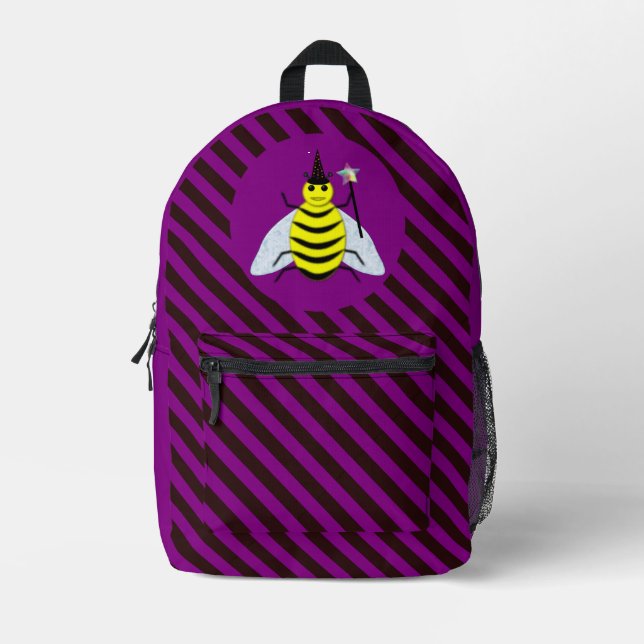 Halloween Magic Bee Wizard Purple and Black Stripe Printed Backpack (Front)