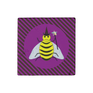 Halloween Magic Bee Wizard Purple and Black Stripe Stone Magnet