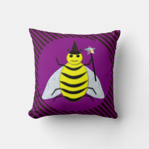 Halloween Magic Bee Wizard Purple and Black Stripe Throw Pillow