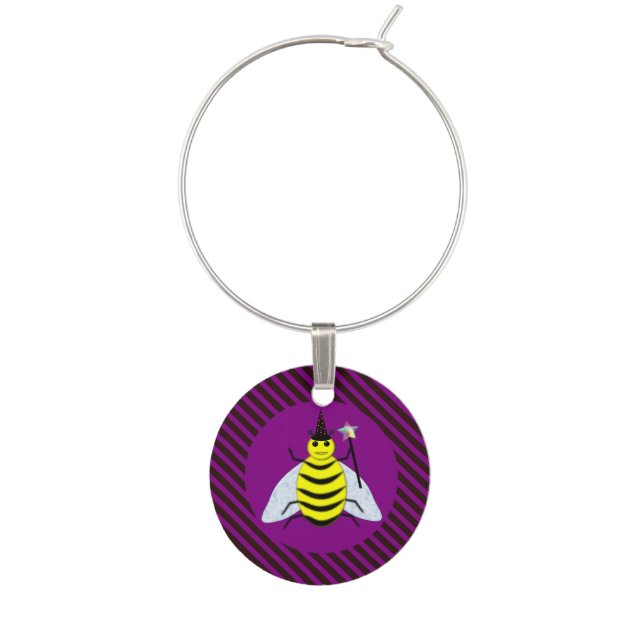 Halloween Magic Bee Wizard Purple and Black Stripe Wine Charm (Front)