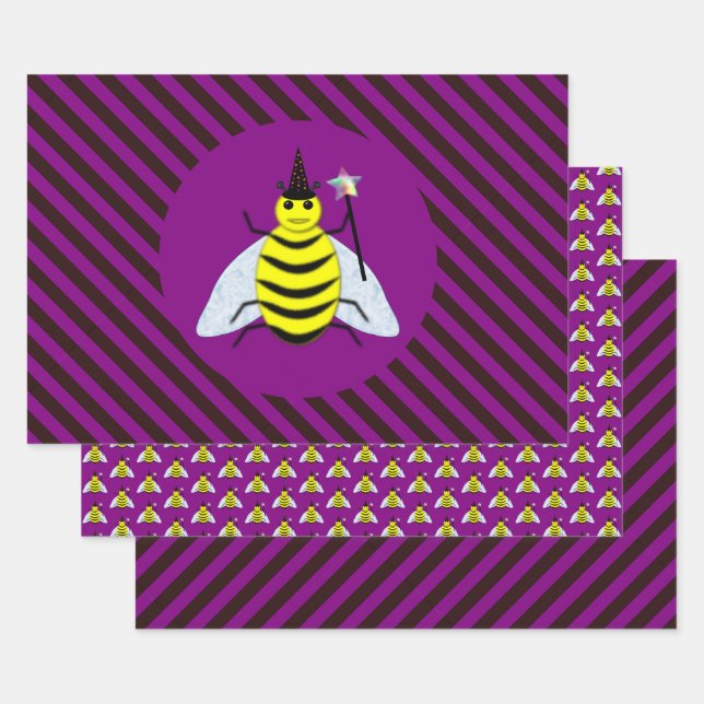 Halloween Magic Bee Wizard Purple and Black Stripe Wrapping Paper Sheets (Set)