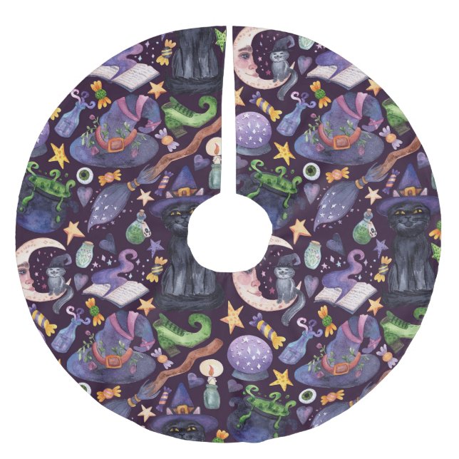 Halloween magic: dark hand-drawn pattern. brushed polyester tree skirt (Front)