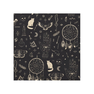 Halloween Magic: Vintage Doodle Pattern. Wood Wall Art