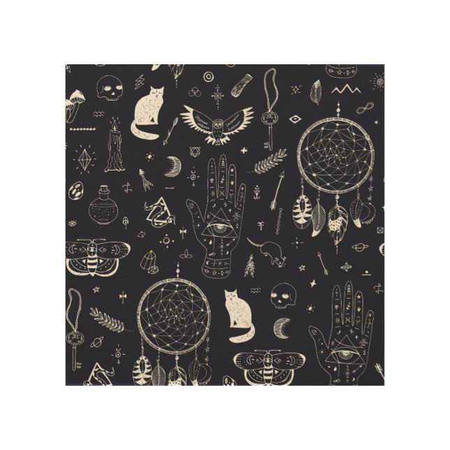 Halloween Magic: Vintage Doodle Pattern. Wood Wall Art (Front)