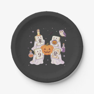 Halloween Mahjong Ghosts Holding Spooky Tiles Paper Plates