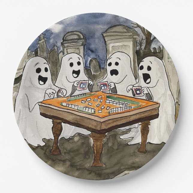 Halloween Mahjong Ghosts Paper Plates (Front)