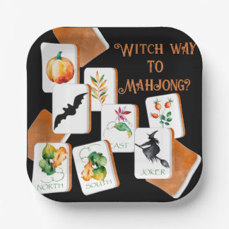Halloween Mahjong Tiles Black and Orange Paper Plates