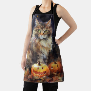 Halloween Maine Coon Cat With Pumpkins Scary Apron