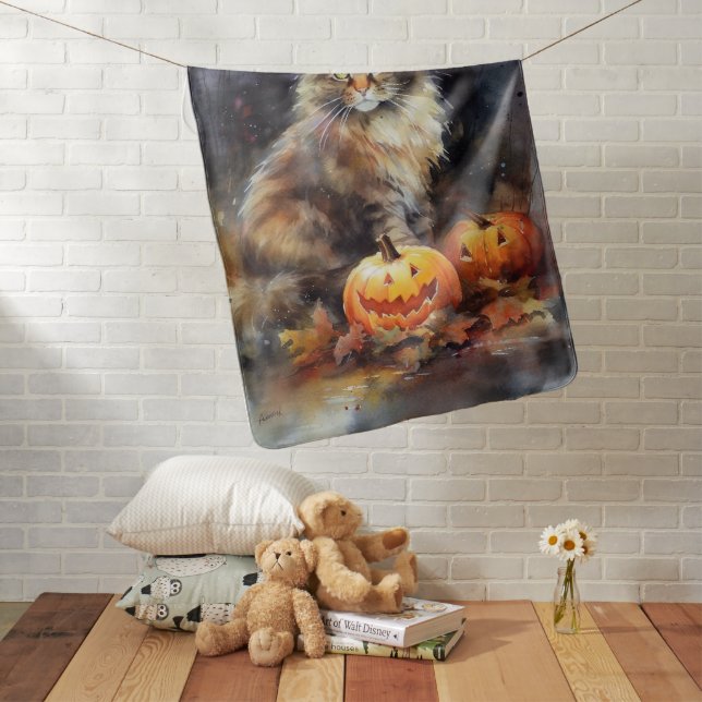 Halloween Maine Coon Cat With Pumpkins Scary Baby Blanket (In Situ)