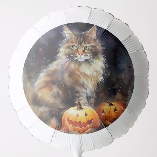 Halloween Maine Coon Cat With Pumpkins Scary Balloon (Front)