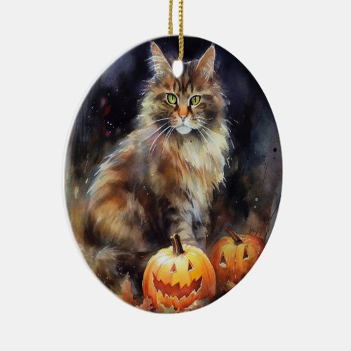 Halloween Maine Coon Cat With Pumpkins Scary Ceramic Ornament