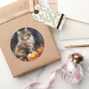 Halloween Maine Coon Cat With Pumpkins Scary Classic Round Sticker