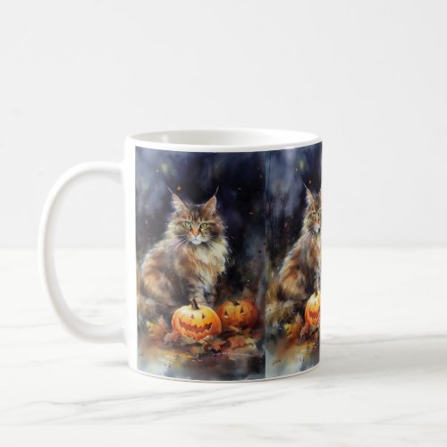 Halloween Maine Coon Cat With Pumpkins Scary Coffee Mug