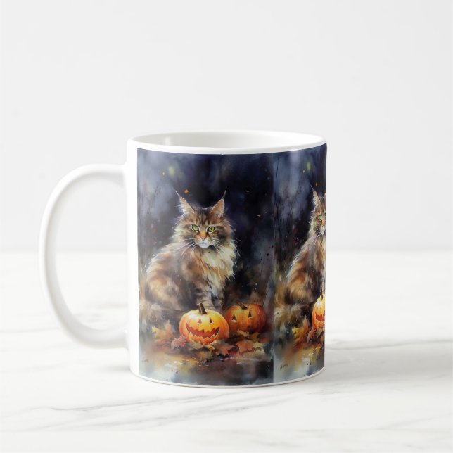 Halloween Maine Coon Cat With Pumpkins Scary Coffee Mug (Left)