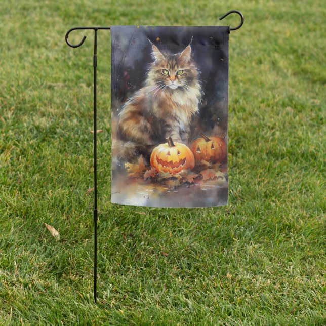 Halloween Maine Coon Cat With Pumpkins Scary Garden Flag (In SItu)