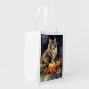 Halloween Maine Coon Cat With Pumpkins Scary Grocery Bag