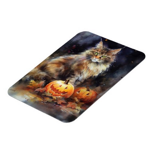 Halloween Maine Coon Cat With Pumpkins Scary Magnet